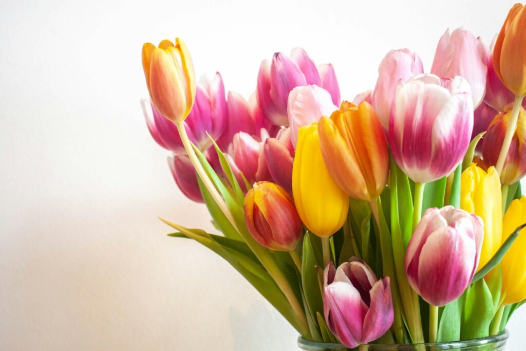 a vase filled with lots of colorful tulips